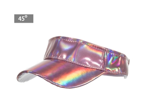 Detailed 45-degree side view of holographic laser purple sun visor with reinforced stitching