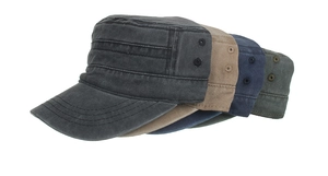 Side view of washed cotton cadet caps in charcoal, khaki, navy, and army green colors