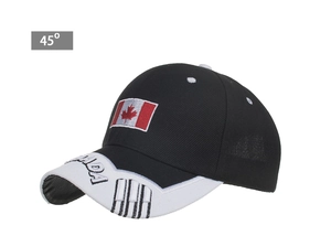 Detail of Canadian flag embroidery and Canada lettering on black and white baseball cap