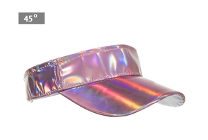Detailed 45-degree angle view of holographic pink sun visor hat with rainbow reflection