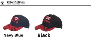 Vista de detalle de gorras de béisbol azul marino y negro con bordado de Canadá