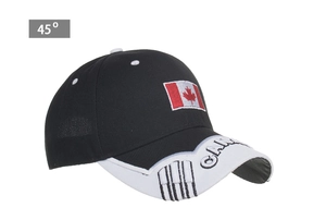 Detail of baseball cap with Canada flag embroidery and contrast brim at 45-degree angle