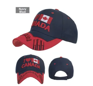 Vistas detalladas de gorra azul marino con bordado I Love Canada y correa trasera ajustable