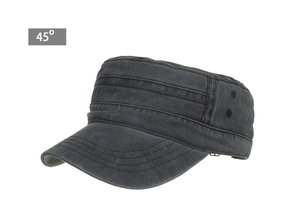Detailed side view of washed cotton military flat top cap featuring metal eyelets