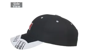 Side view of black baseball cap with Canada embroidery and white contrast brim detail