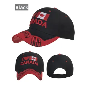 Detalle de gorra negra con bordado de la bandera de Canadá y correa trasera ajustable