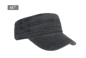 Detail view of washed cotton cadet cap with metal eyelets and reinforced stitching