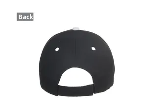 Detailed back view of a black twill baseball cap with adjustable strap and white top button