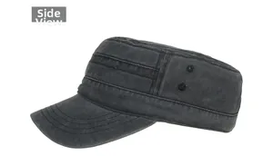 Side view of washed cotton cadet cap in dark grey showing breathable metal eyelets