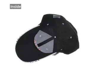 Interior view of black 6-panel baseball cap with acrylic fabric and white sweatband detail