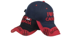 Détail de casquettes en coton bleu marine et noir avec broderie 3D du drapeau du Canada