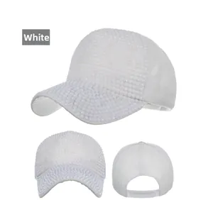 Detailed views of a white baseball cap with shiny rhinestones and adjustable back strap