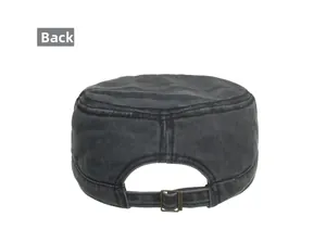 Back view of charcoal grey washed cotton military flat top cap with adjustable metal buckle