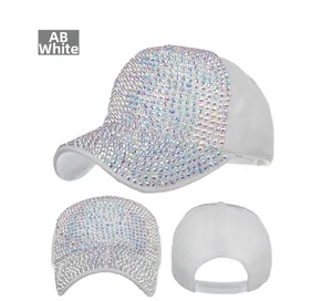 Macro view of sparkly AB white rhinestones on a white baseball cap with adjustable strap