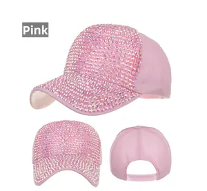 Detailed views of a pink baseball cap with iridescent rhinestones and adjustable strap