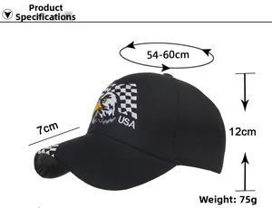 Detailed view of eagle embroidery and USA letters on a black checkered baseball cap