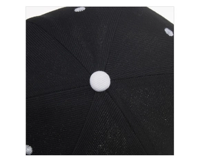 Macro detail of 6-panel baseball cap top with black twill fabric and white eyelets