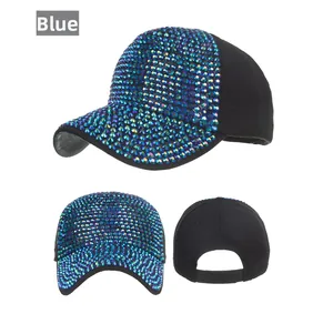 Detailed views of a black baseball cap with blue rhinestones from multiple angles