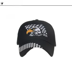 Close-up of eagle head embroidery and checkerboard pattern on black baseball cap