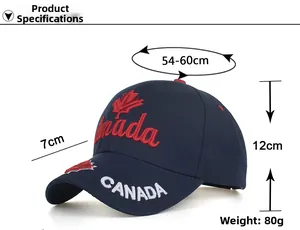 Close-up of Canada maple leaf embroidery on dark blue cotton twill baseball cap