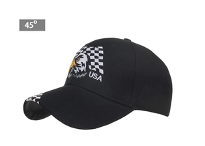 Detailed 45-degree angle of a black baseball cap with eagle and USA flag embroidery