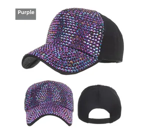 Detailed views of a black baseball cap with purple rhinestones and adjustable strap