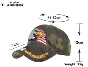 Vista detallada de medidas de la gorra de béisbol camuflaje con bordado de águila y USA