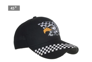 Detail view of embroidered eagle head and checkered flag patterns on black baseball cap