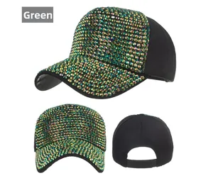 Multiple views of a black baseball cap with sparkling rhinestones and adjustable strap