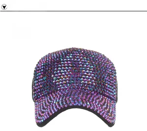 Front detail of baseball cap featuring gradient purple and cyan rhinestones on black fabric