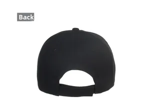 Back view of black cotton baseball cap showing adjustable hook and loop fastener strap