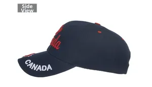 Detailed side view showing white Canada embroidery and red maple leaf on navy baseball cap