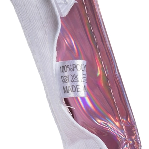 Pink holographic PU sun hat with white woven trim and detailed care label view