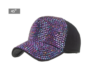 Detailed 45-degree macro view of purple rhinestones on a black baseball cap surface