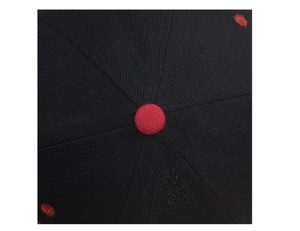 Détail du haut de la casquette avec œillets d'aération rouges et bouton contrasté