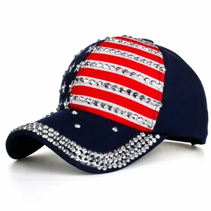 Strass US Flagge Baseballkappe Baumwolle Verstellbar Patriotisch Sterne Streifen Hut Für Herren Damen Outdoor Mode