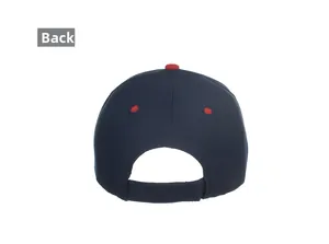 Rear view of navy blue baseball cap with red button detail and adjustable back strap