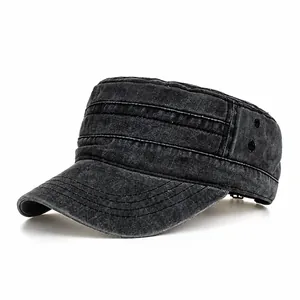 Washed Cotton Flat Top Cadet Cap For Men Vintage Military Style Outdoor Sunshade Breathable Adjustable Utility Hat Khaki Black Navy Army Green