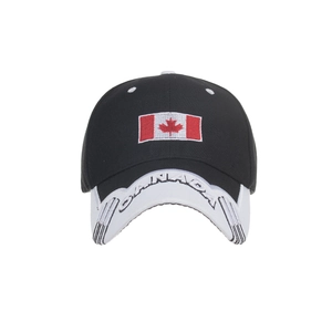 Black and white Canada flag baseball cap with red maple leaf embroidery and curved brim