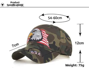 Detailed size specifications for camouflage baseball cap with eagle and USA embroidery
