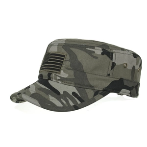 Detail view of camouflage military flat top hat featuring American flag embroidery and vents