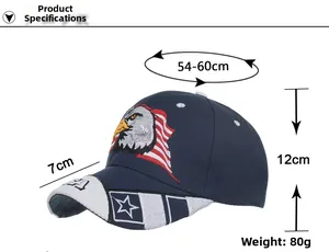 Detaillierte Maße der dunkelblauen Baseballkappe mit Adler- und USA-Flaggenstickerei