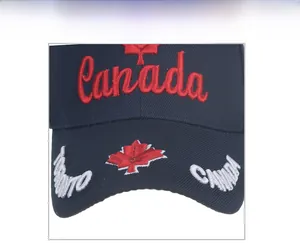 Detail of embroidered Canada logo and red maple leaf on navy cotton baseball cap
