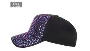 Side view of black baseball cap with vibrant iridescent rhinestones on front and brim