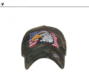Detailed front view of camouflage baseball cap with eagle and USA flag embroidery