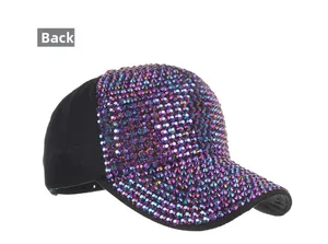 Rear view detail of black baseball cap with vibrant colorful rhinestones on the brim