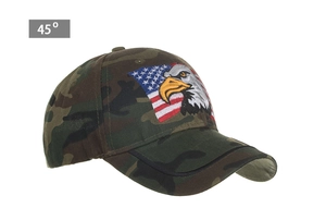 Detailed side view of camouflage baseball cap with eagle and USA flag embroidery