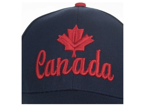 Close-up of premium 3D embroidery featuring a red maple leaf and Canada text on navy cap