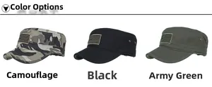 Army patrol caps in camouflage, black, and green colors with US flag patch detail