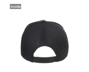 Rear view of black baseball cap with breathable fabric and adjustable snapback closure